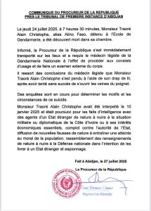Communiqué du Procureur de la République Près du Tribunal de Première Instance d'Abidjan
